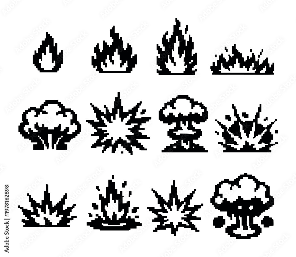 Fototapeta premium Pixel art fire and explosion effects, a retro collection for game design. Including flames, smoke, blast, boom, and atomic mushroom cloud