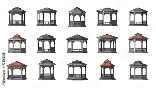Extensive collection of various gazebo designs in different styles and shapes for garden landscape and outdoor structure planning.