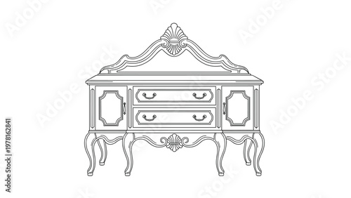 Ornate vintage sideboard furniture line art featuring intricate carvings curved legs and multiple drawers for classic interior decor.