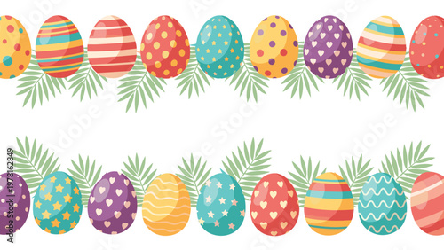 Two rows of festive Easter eggs with vibrant patterns and colors separated by green palm leaves on a clean white background set.