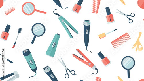 Seamless background pattern of various colorful hair salon and beauty tools icons including scissors combs mirrors and dryers art.