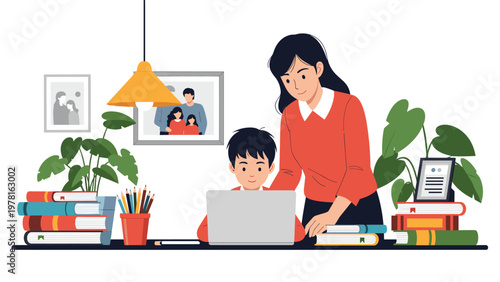 Caring mother helps her young son with schoolwork using a laptop on a desk filled with books and green indoor plants.