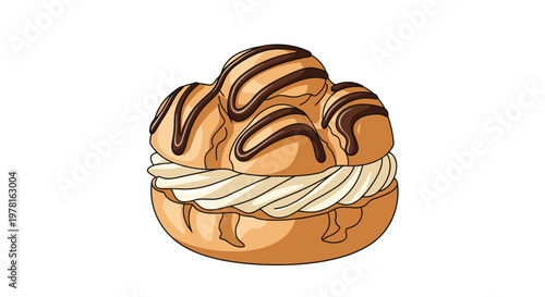 Sweet cream puff pastry filled with white cream and topped with chocolate drizzle isolated on a white background.