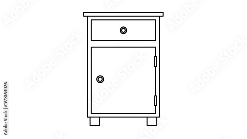 Minimalist black and white line art illustration of a classic wooden bedside nightstand with one drawer and a small door.