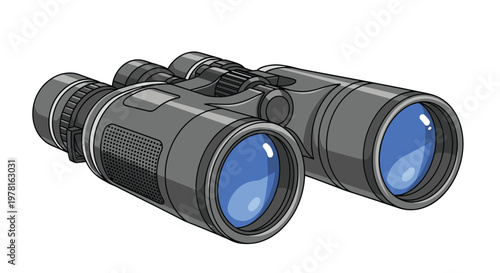 Professional black binoculars with blue lenses and realistic shading are illustrated from a side perspective on a plain white background view.