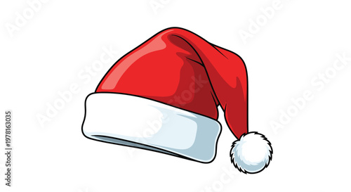 Red and white santa claus hat with a soft white pom-pom is illustrated in a vibrant cartoon style isolated on a plain white background design.