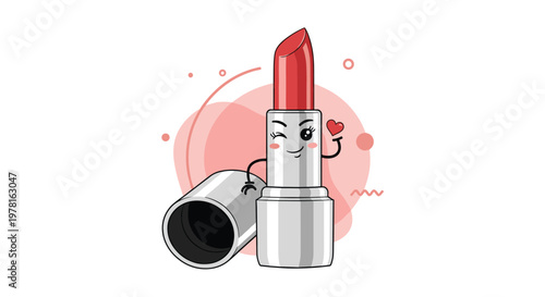 Red lipstick tube with a winking face and a small heart, surrounded by pink abstract shapes, ideal for beauty industry graphics.