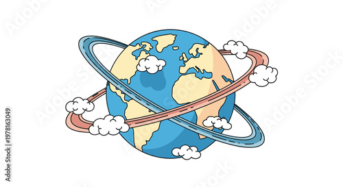 Planet earth globe surrounded by orbital rings and fluffy white clouds is illustrated in a vibrant color palette on a white background theme.