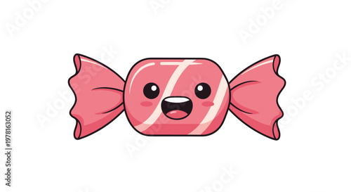 Cute pink candy character with a wide joyful smile and rosy cheeks is illustrated in a kawaii style on a plain white background for kids art.