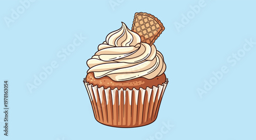 Delicious cupcake with a generous swirl of cream frosting and a waffle wafer on top, set against a solid blue background.