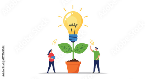 Innovation concept featuring a light bulb growing like a plant from a pot, with two small people working around it on a white base.