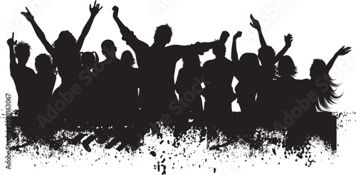 A cheering crowd of dancing people silhouettes celebrate at a music concert disco party on a grunge background illustration for a club flyer design