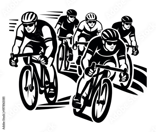 Group of athletes cycling intensely in a road race, competing for victory and demonstrating speed and endurance