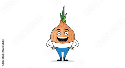 Happy onion character wearing a white t-shirt and blue jeans, standing with hands on hips in a fun vegetable illustration.