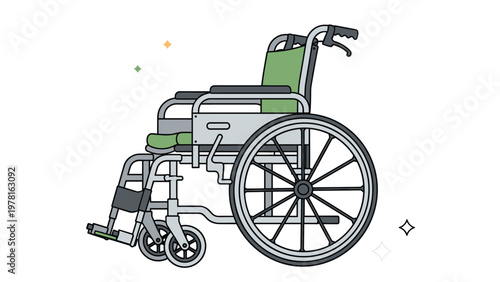 Modern lightweight manual wheelchair for disabled people shown as a clean vector illustration with green seat cushions.