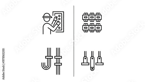 Electrical Installation Icons: A set of minimalistic icons detailing electrical installation and components, designed with precision and clarity.