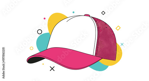 Stylish pink and white mesh trucker cap shown in a modern graphic style with abstract shapes and colorful dots around it.