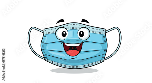 Cheerful anthropomorphic blue surgical face mask character with big eyes and a happy smile isolated on a white background.
