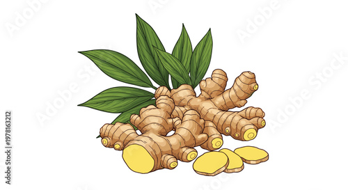Fresh organic ginger rhizome with green leaves and sliced pieces shown in detailed vintage engraving style on white background.