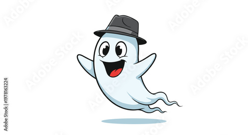 Friendly white ghost character wearing a stylish gray fedora hat and flying with its arms open over white background.