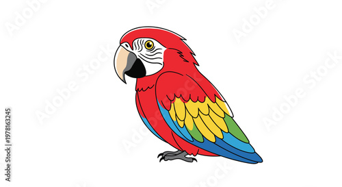 Detailed scarlet macaw parrot with bright red, yellow, and blue feathers standing isolated on a white background.