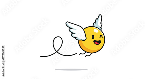 Cute yellow ball character with white wings and a happy winking face flying on a plain white background with trail.