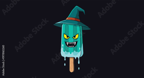 Spooky green popsicle character with scary eyes and sharp teeth wearing a witch hat isolated on dark background.