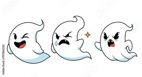 Set of three white ghost characters showing winking, crying, and angry expressions isolated on a white background.