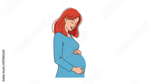 Beautiful pregnant woman with long red hair wearing a blue dress gently cradles her belly with a warm smiling expression.