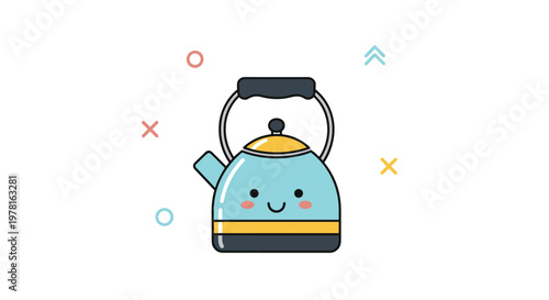 Cute turquoise blue tea kettle character with a friendly smiling face and golden accents isolated on white background.