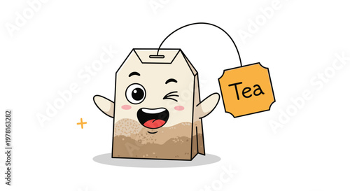 Happy winking tea bag character with a paper tag and open arms isolated on a white background with a small star.