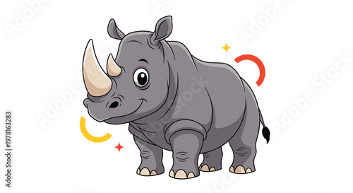 Strong but friendly gray rhinoceros character with two large horns and a happy face isolated on white background.