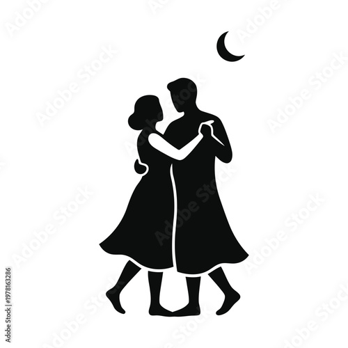 Couple waltzing under lantern lights in a blooming garden