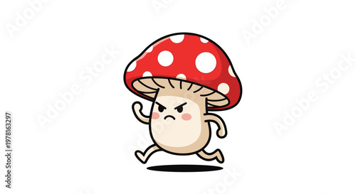 Mad anthropomorphic mushroom character with a red spotted cap running fast isolated over a plain white background.