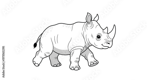 Detailed black and white line drawing of a rhinoceros walking forward shown in profile on a clean white background.