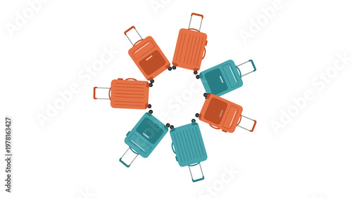 Group of eight colorful travel suitcases with wheels and handles arranged in a circular pattern on a white background.