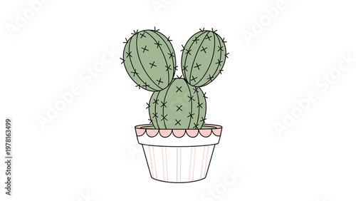 Cute illustration of a three lobed green cactus with small spines planted in a white decorative pot with pink details.