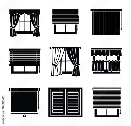 Collection of window treatments featuring a variety of interior design elements such as drapes, shades, blinds, roller shades, and shutters