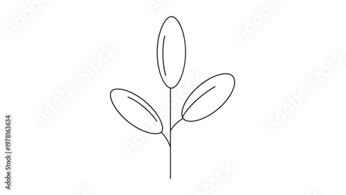Extremely simple minimalist line art drawing of a small botanical branch with only three small oval leaves on it.