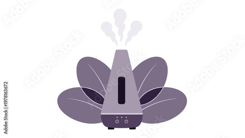 Modern ultrasonic aroma diffuser emitting steam with decorative purple leaves in the background for relaxation.
