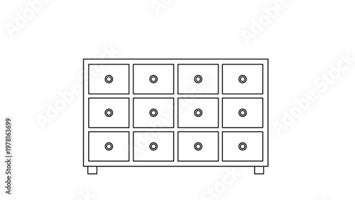 Functional wooden storage cabinet with twelve square drawers and round knobs shown as a clean black and white line art.