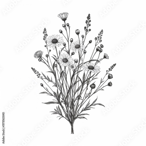 Hand-drawn wildflower bouquet pencil sketch on white background