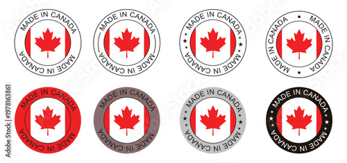Made in Canada Round Stamp Badge Icons Set with Maple Leaf Flag Vector
