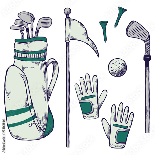 Set of Doodle Sketchy Golf Equipment. Golf Sport.