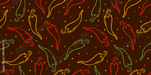 Hand drawn chili seamless background. Doodle line chilli pepper seamless pattern background