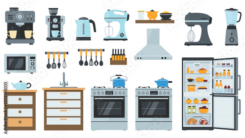 Comprehensive collection of modern kitchen appliances furniture and utensils including a refrigerator stove mixer and coffee machine icons.