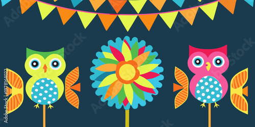 Colorful illustration of owls a flower and festive triangular flags
