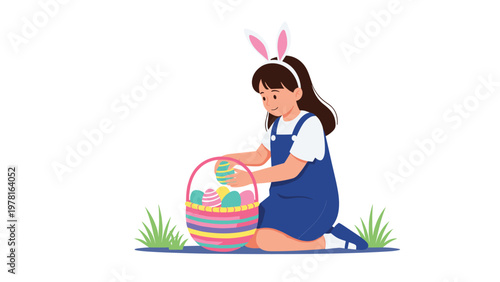 Young girl wearing bunny ears kneeling in the grass and placing colorful decorated eggs into a large striped basket for Easter celebration.