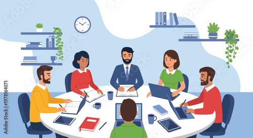 A diverse group of professional colleagues are sitting around a round white table in a modern office, engaged in a collaborative business meeting.