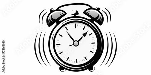 Ringing alarm clock with dynamic speed lines in black and white